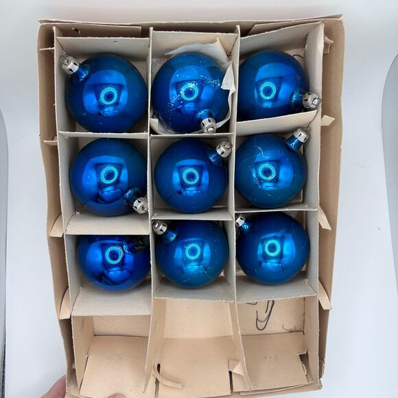 Set of 9 Vintage Blue Glass Christmas Ornaments Made in Poland - Picture 1 of 8